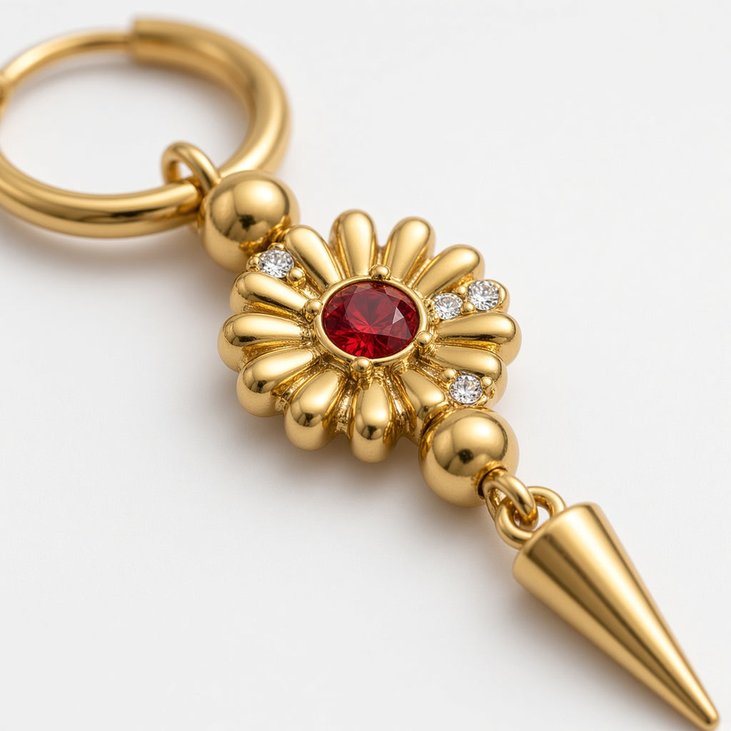 Gold Blood Red Crystal Daisy Spike Drop Hoop Earrings