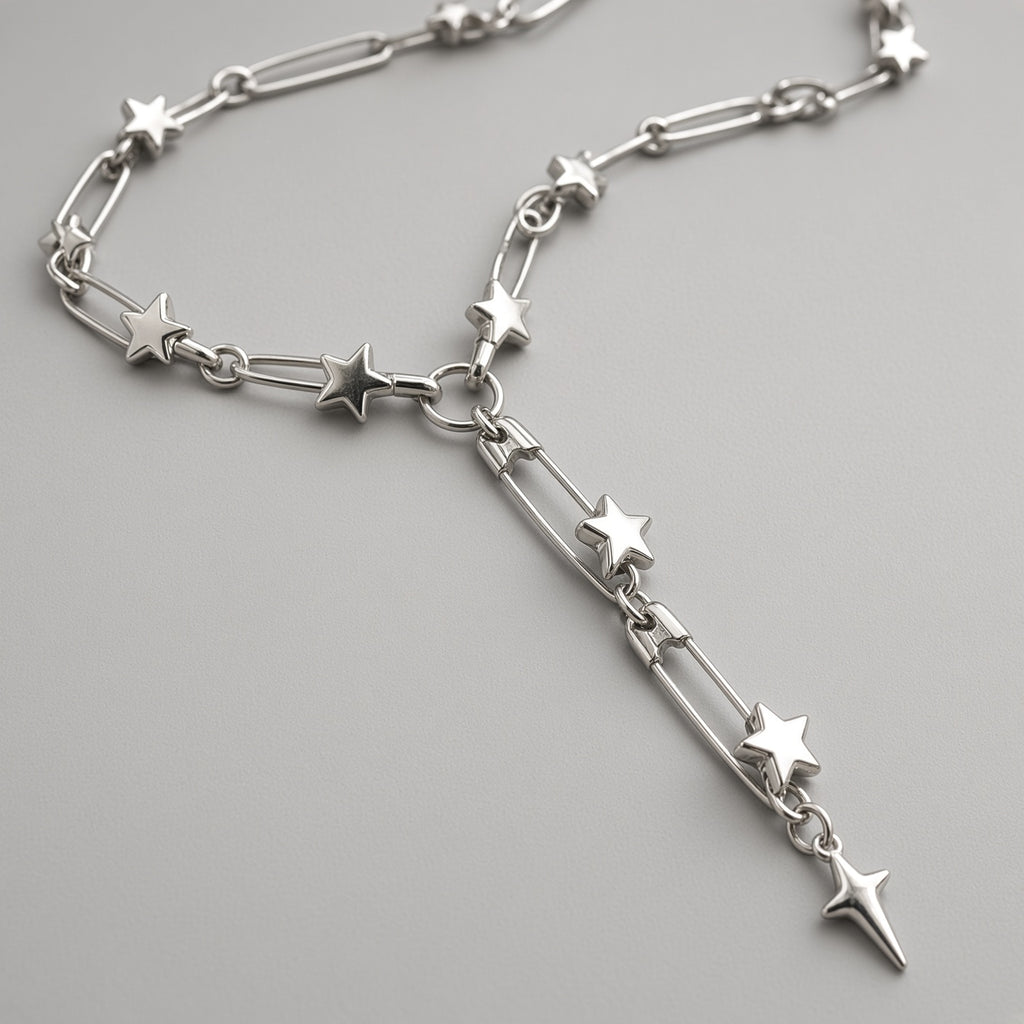 Safety Pin Star Chain Lariat Necklace