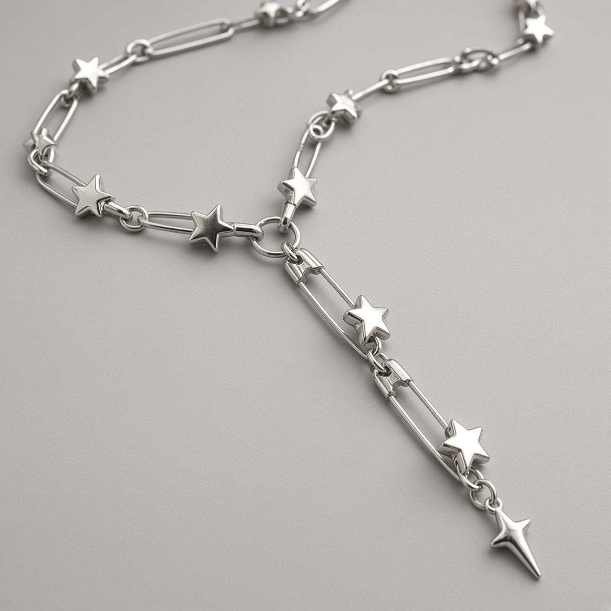 Safety Pin Star Chain Lariat Necklace
