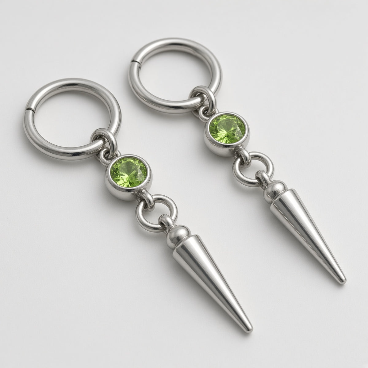 Peridot Green Crystal Bezel Spike Drop Hoop Earrings