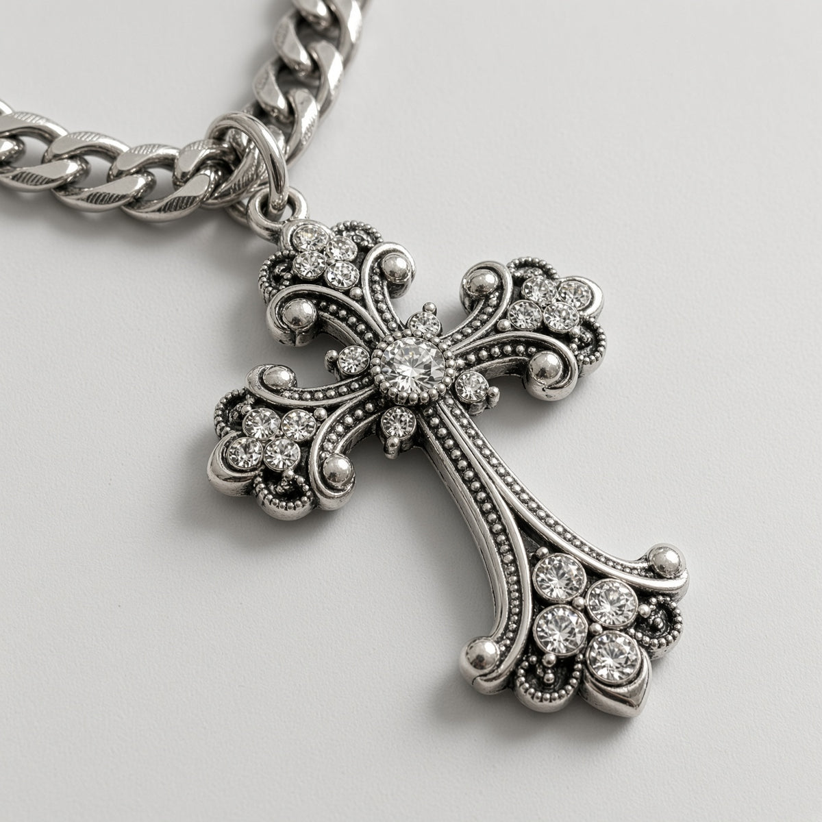 Crystal Filigree Gothic Cross Curb Chain Necklace