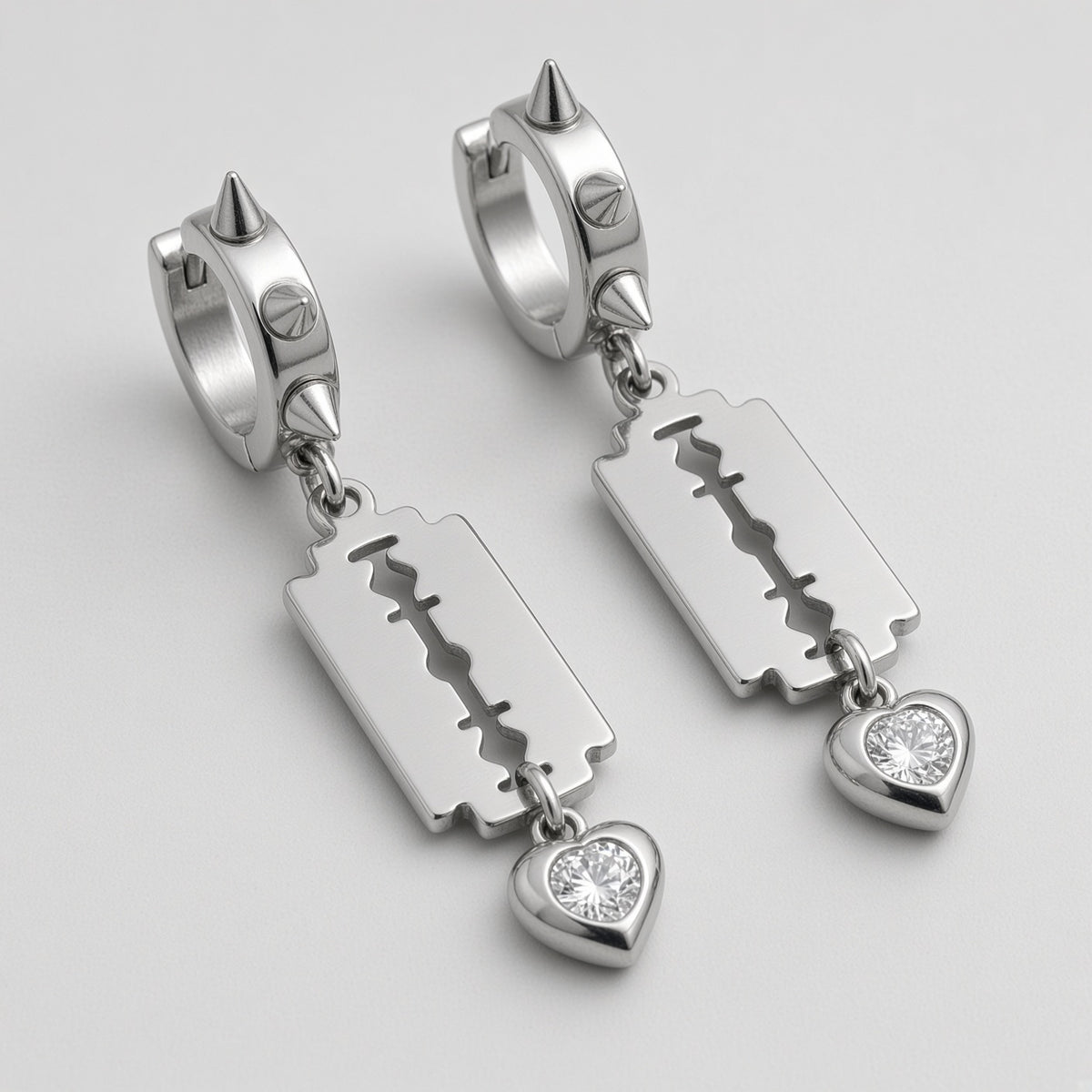Silver Razor Blade Crystal Heart Spiked Huggie Earrings