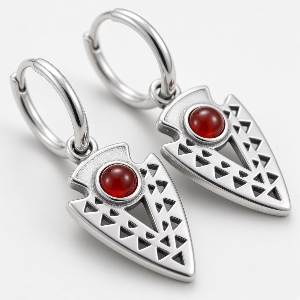 Garnet Red Arrowhead Tribal Hoop Drop Earrings