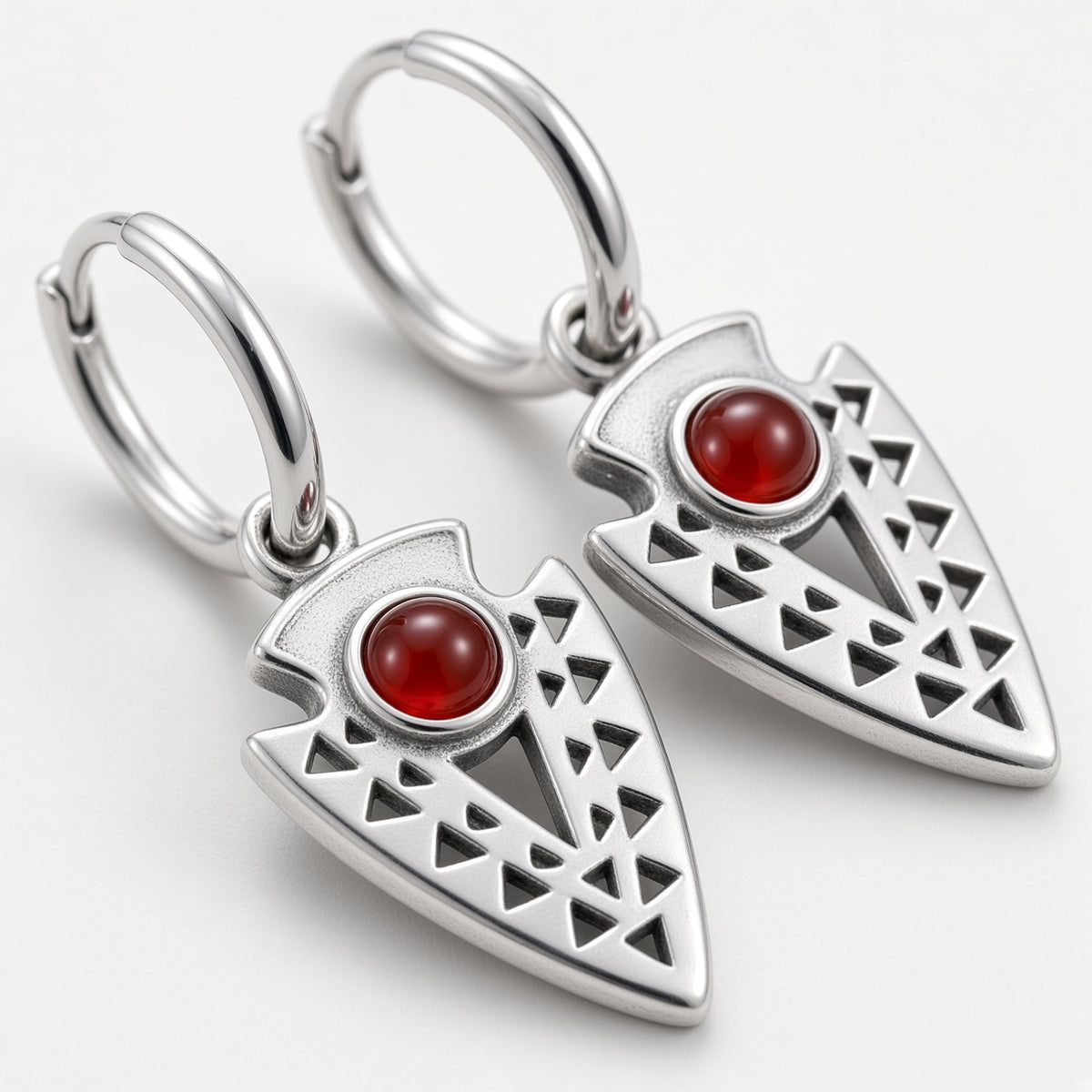 Garnet Red Arrowhead Tribal Hoop Drop Earrings