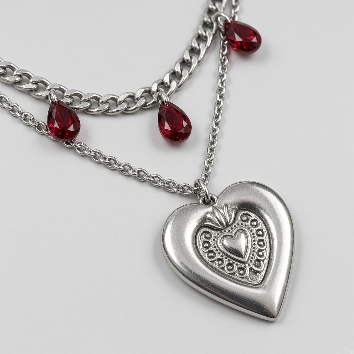 Blood Red Teardrop Sacred Heart Layered Chain Necklace