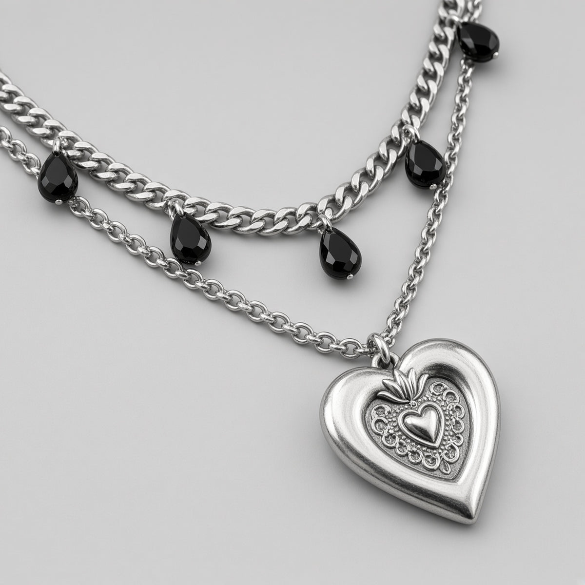 Black Teardrop Sacred Heart Layered Chain Necklace