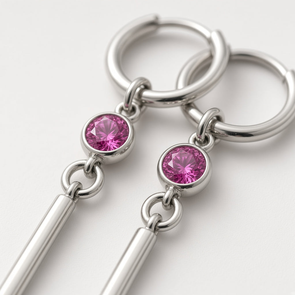 Fuchsia Pink Crystal Long Bar Drop Hoop Earrings