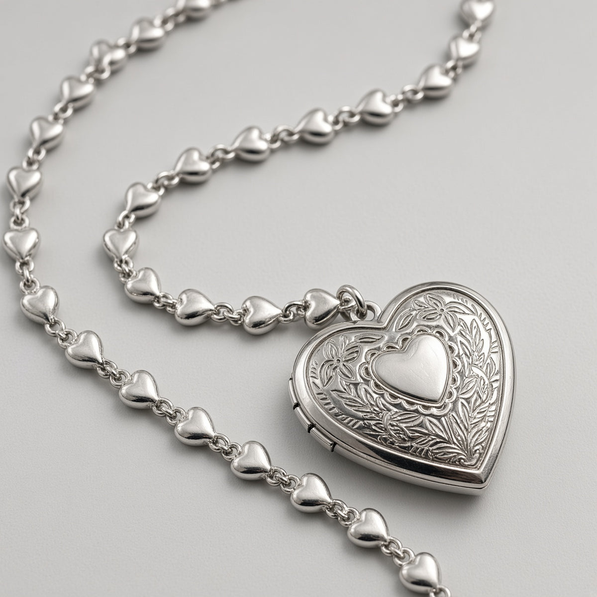 Engraved Floral Heart Locket Chain Necklace