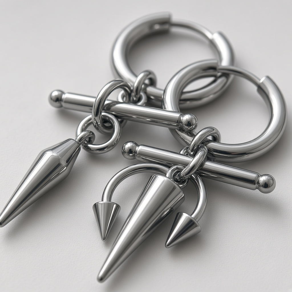 Gunmetal Mismatched Barbell & Spike Huggie Earrings