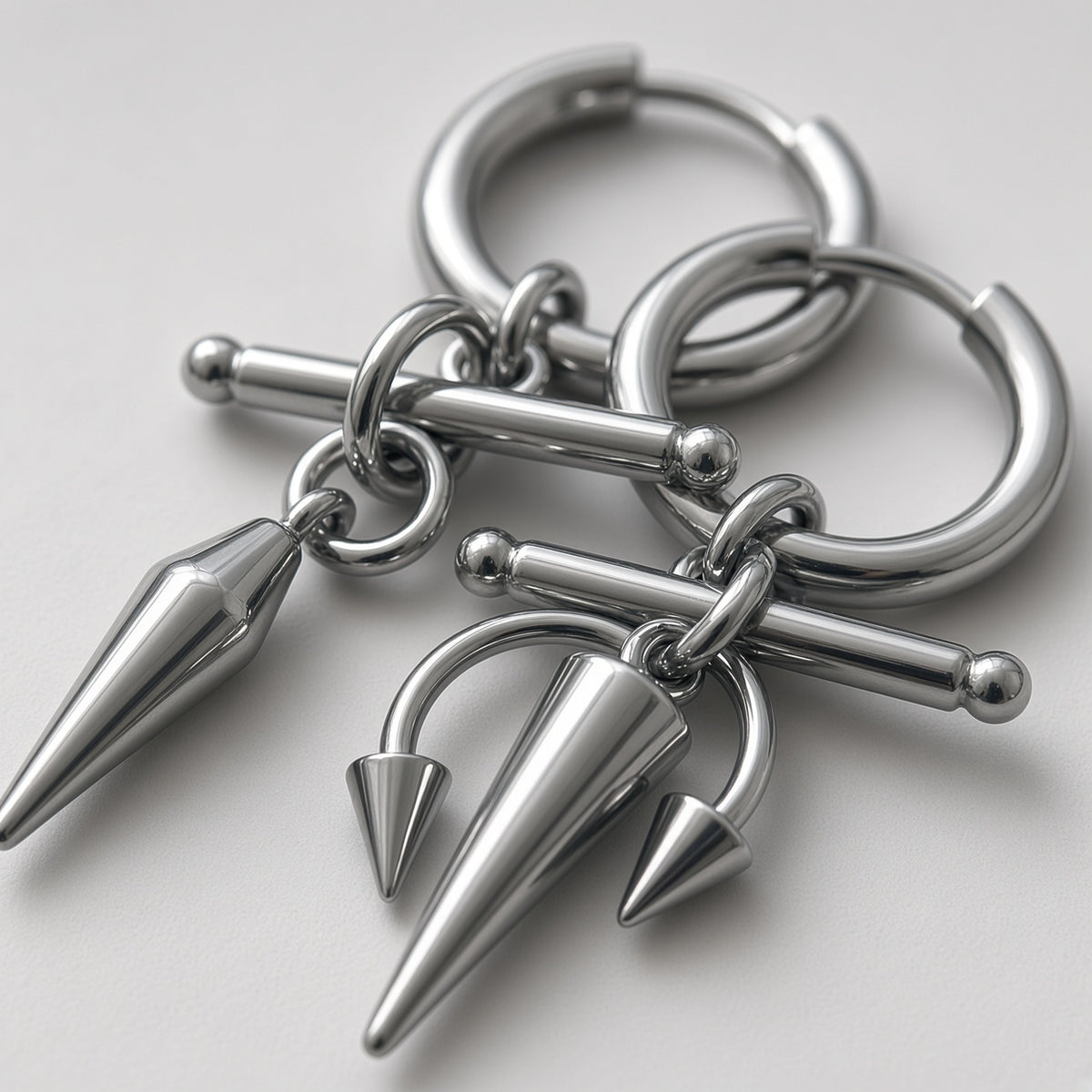 Gunmetal Mismatched Barbell & Spike Huggie Earrings