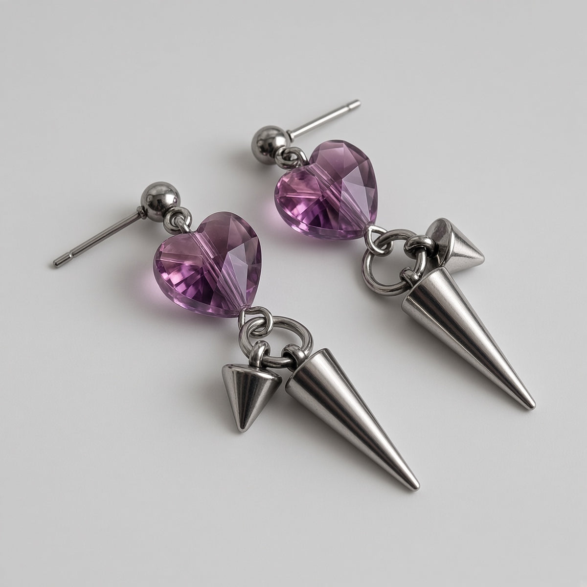 Amethyst Crystal Heart Spike Drop Earrings
