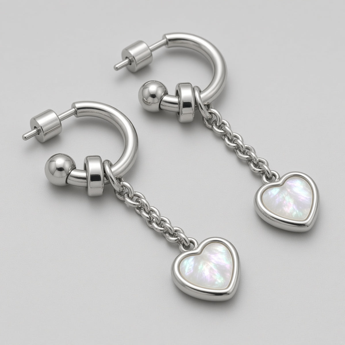 Mother of Pearl Heart Chain Drop C-Hoop Earrings