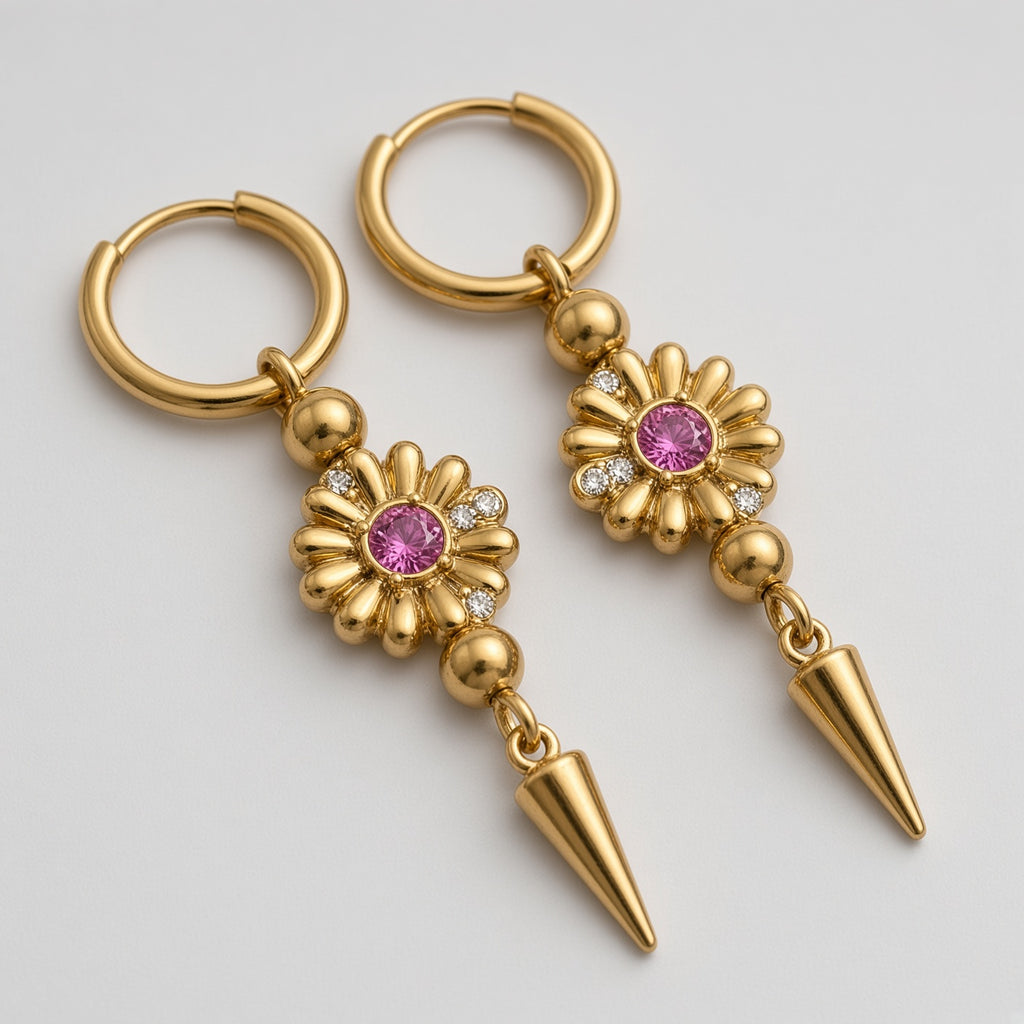 Gold Pink Crystal Daisy Spike Drop Hoop Earrings