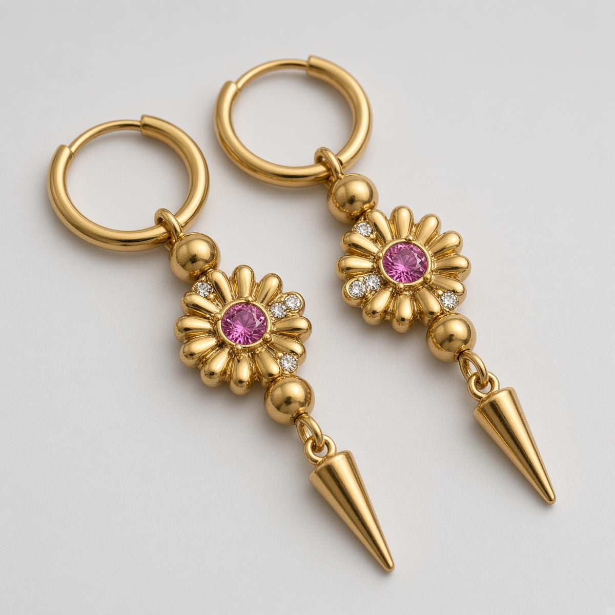 Gold Pink Crystal Daisy Spike Drop Hoop Earrings