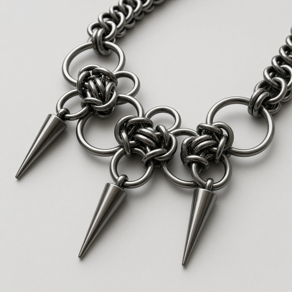 Gunmetal Ring & Triple Spike Chainmail Necklace