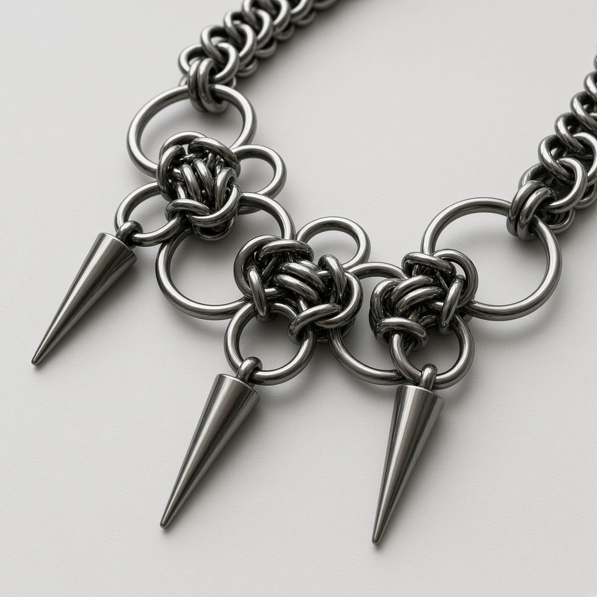 Gunmetal Ring & Triple Spike Chainmail Necklace
