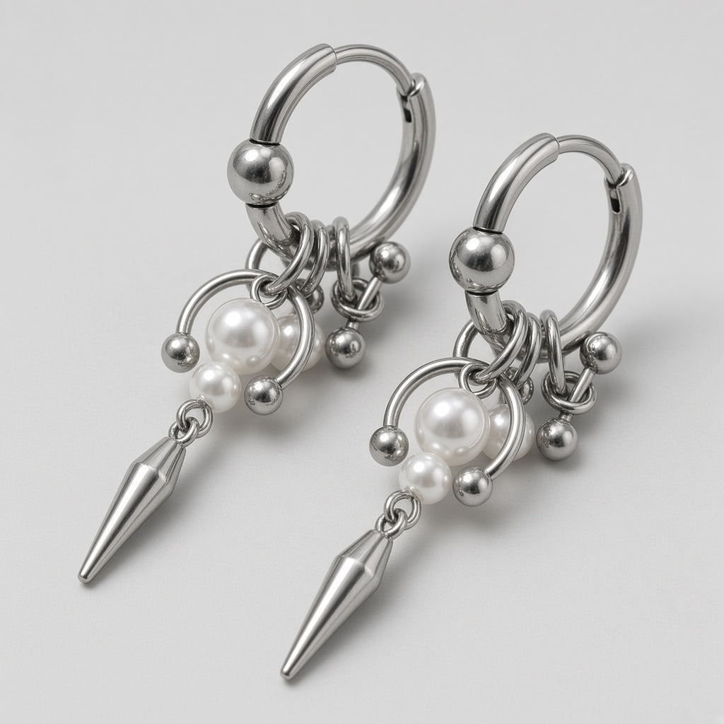 Pearl Cluster Horseshoe Spike Charm Hoop Earrings
