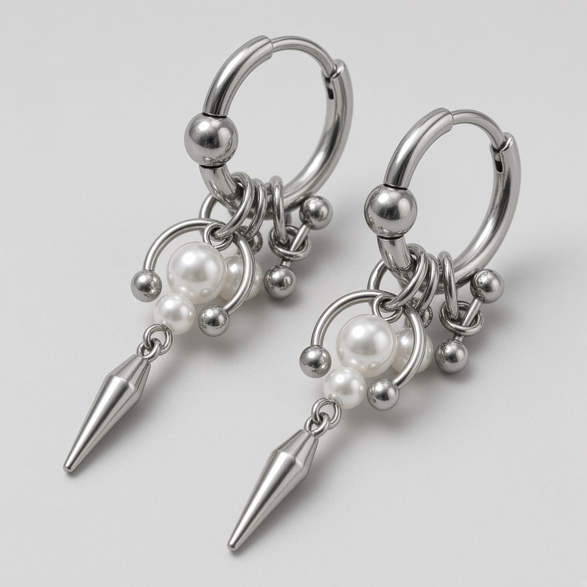 Pearl Cluster Horseshoe Spike Charm Hoop Earrings