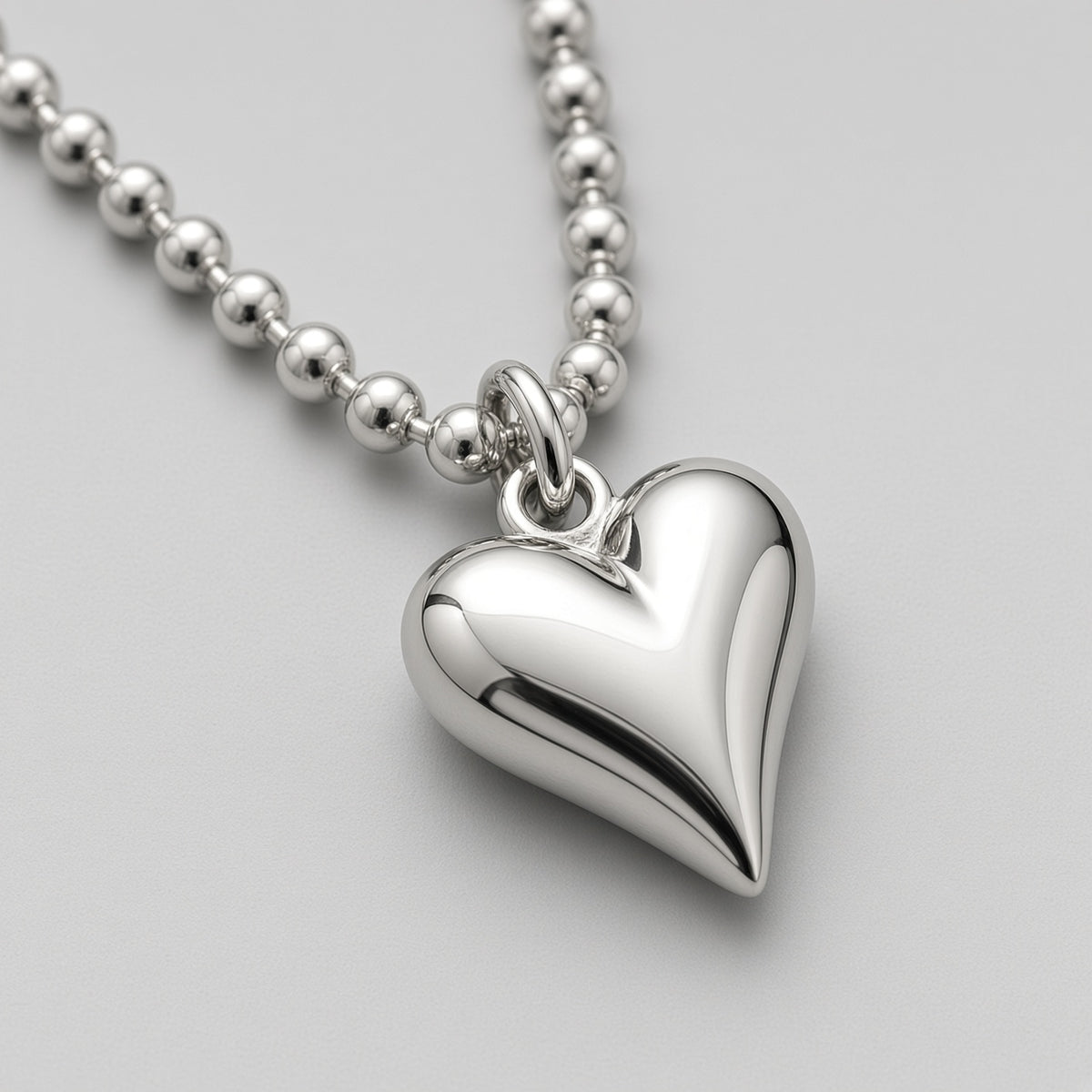 Puffy Heart Pendant Silver Bead Chain Necklace