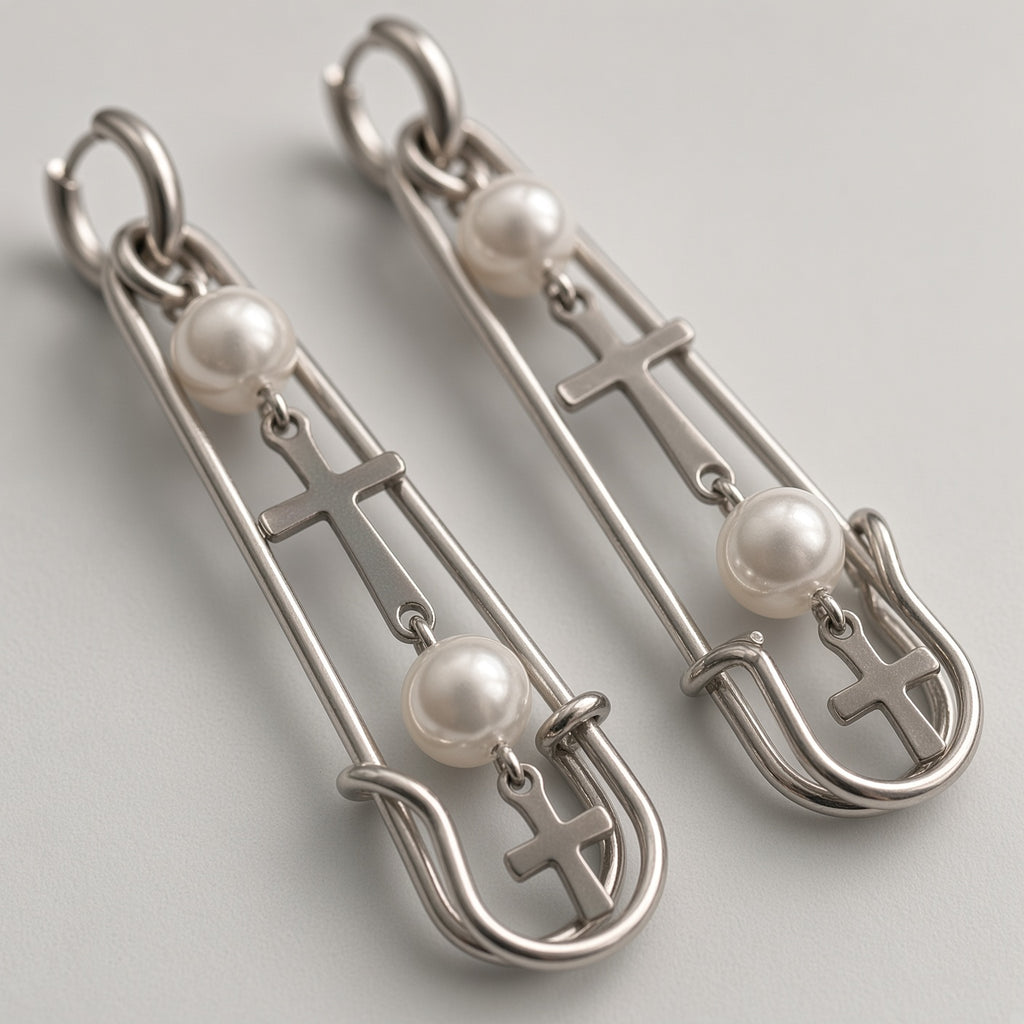 Safety Pin Pearl & Cross Drop Earrings