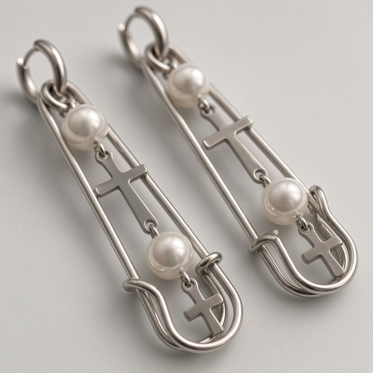 Safety Pin Pearl & Cross Drop Earrings