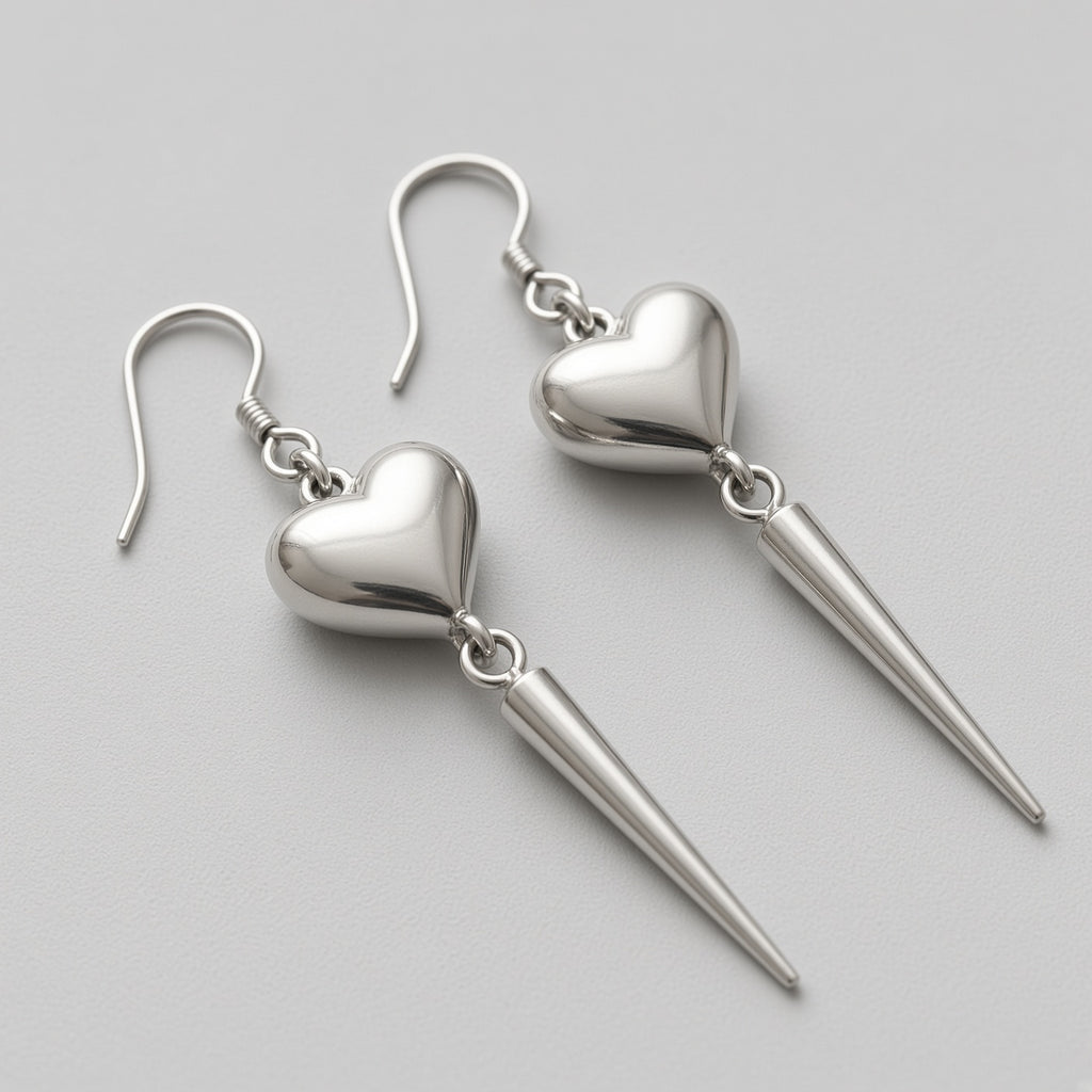 Puffy Heart & Long Spike Hook Earrings