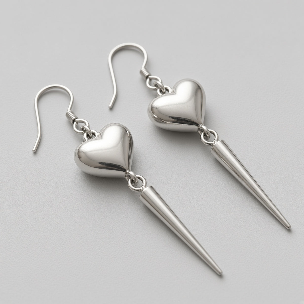 Puffy Heart & Long Spike Hook Earrings