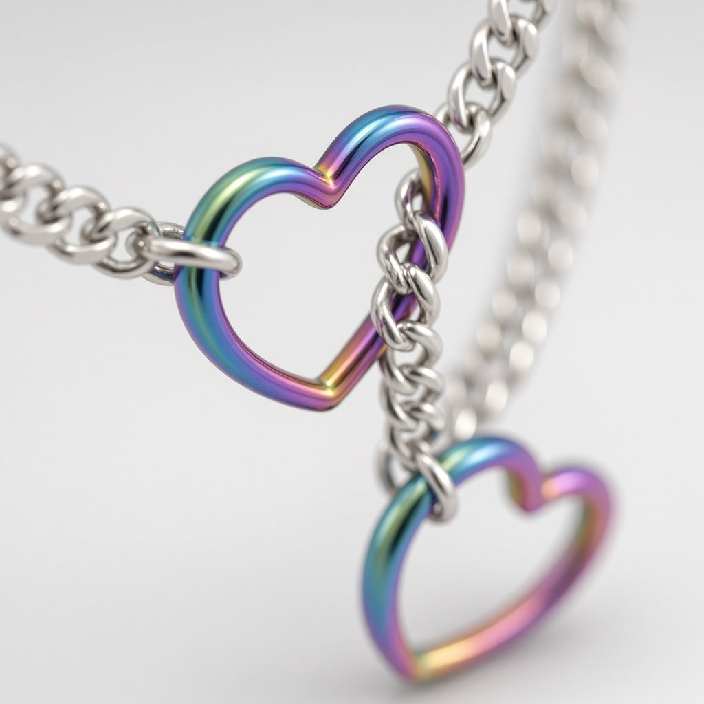 Rainbow Double Heart Ring Lariat Curb Chain Necklace
