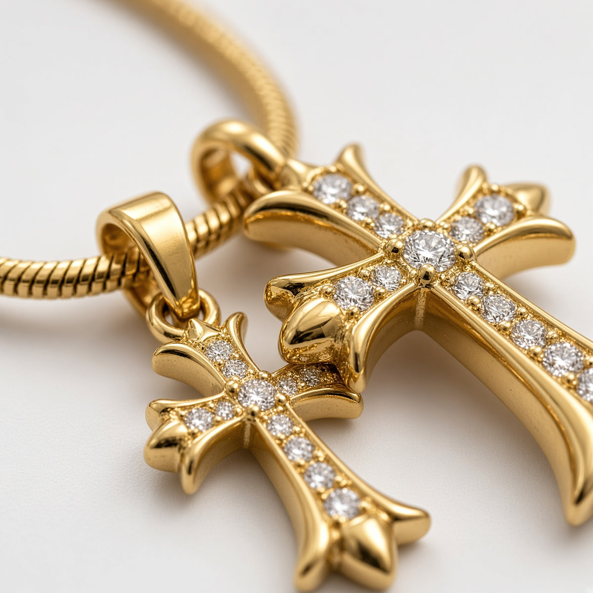 Gold Pavé Twin Gothic Cross Snake Chain Necklace