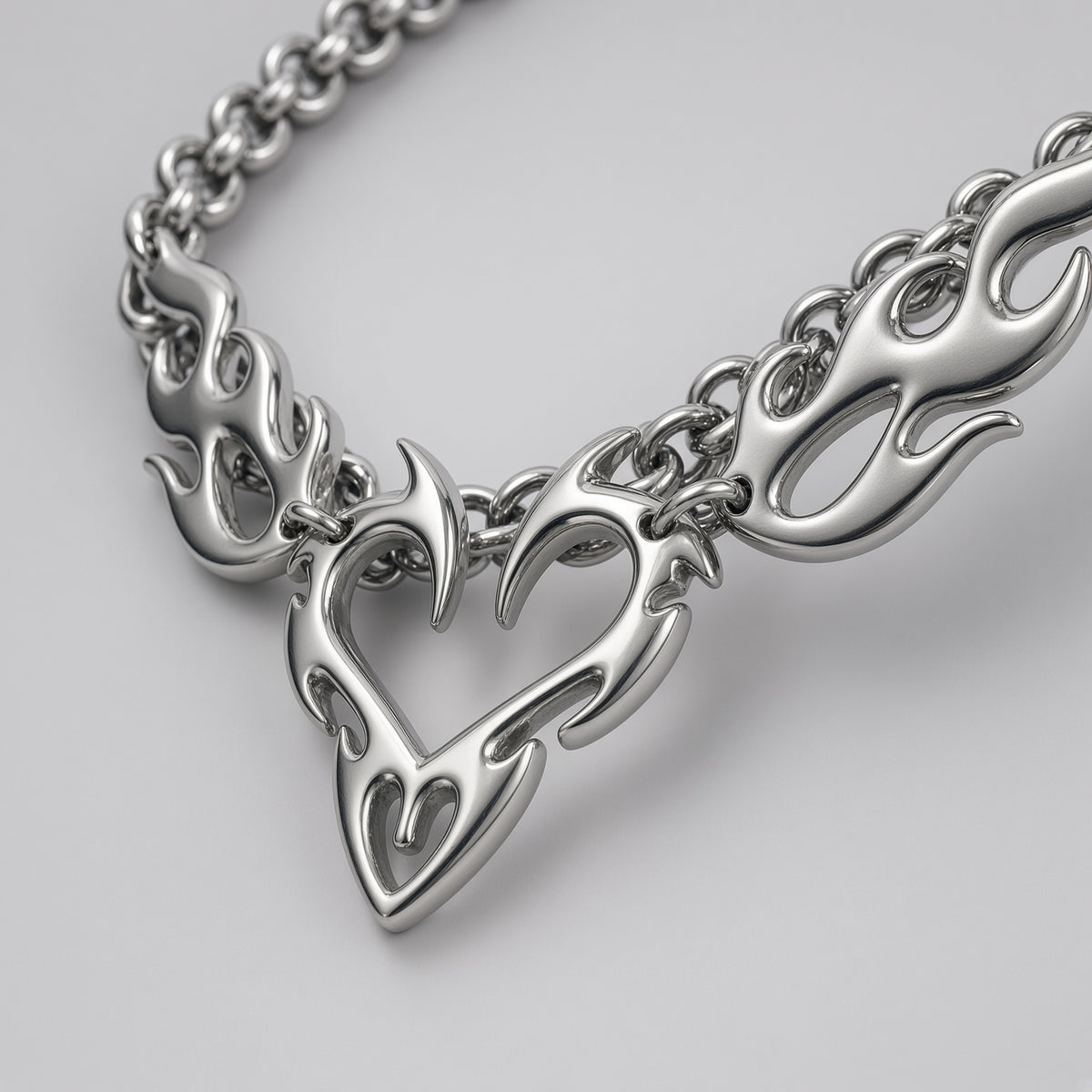 Tribal Flame Heart Double Rolo Chain Choker Necklace