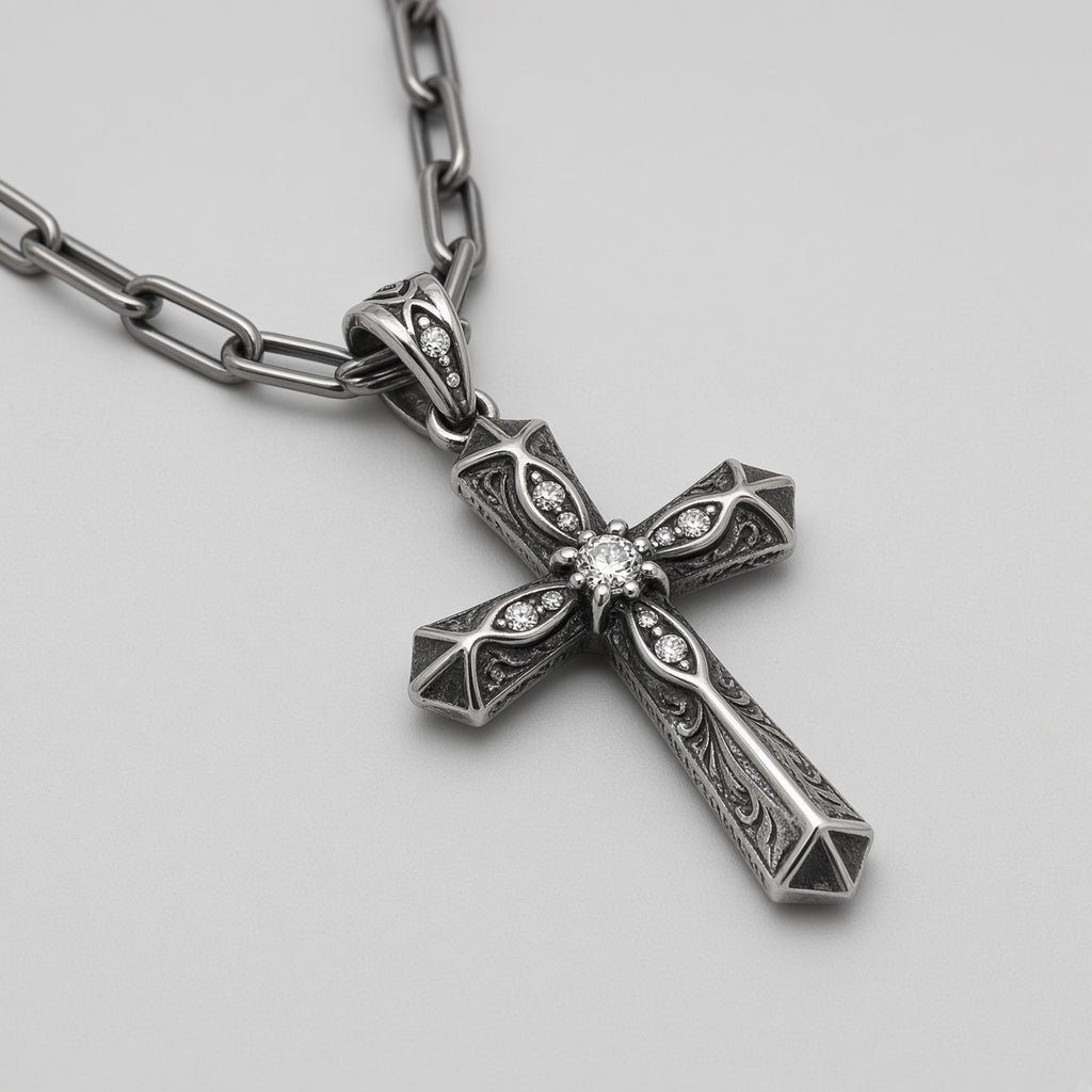 Antiqued Gothic Fleur Cross Paperclip Chain Necklace