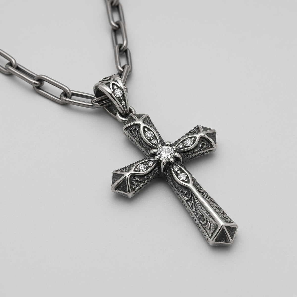 Antiqued Gothic Fleur Cross Paperclip Chain Necklace