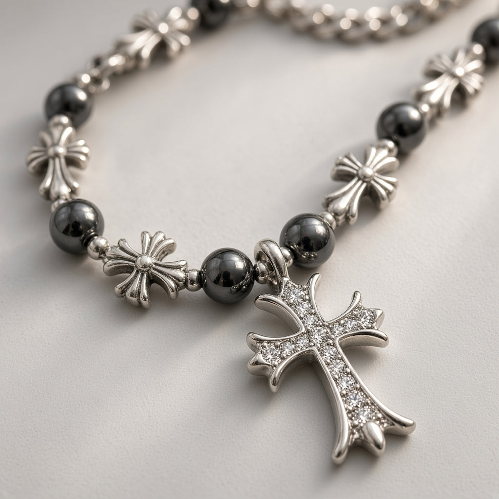 Crystal Cross & Cross Bead Figaro Necklace