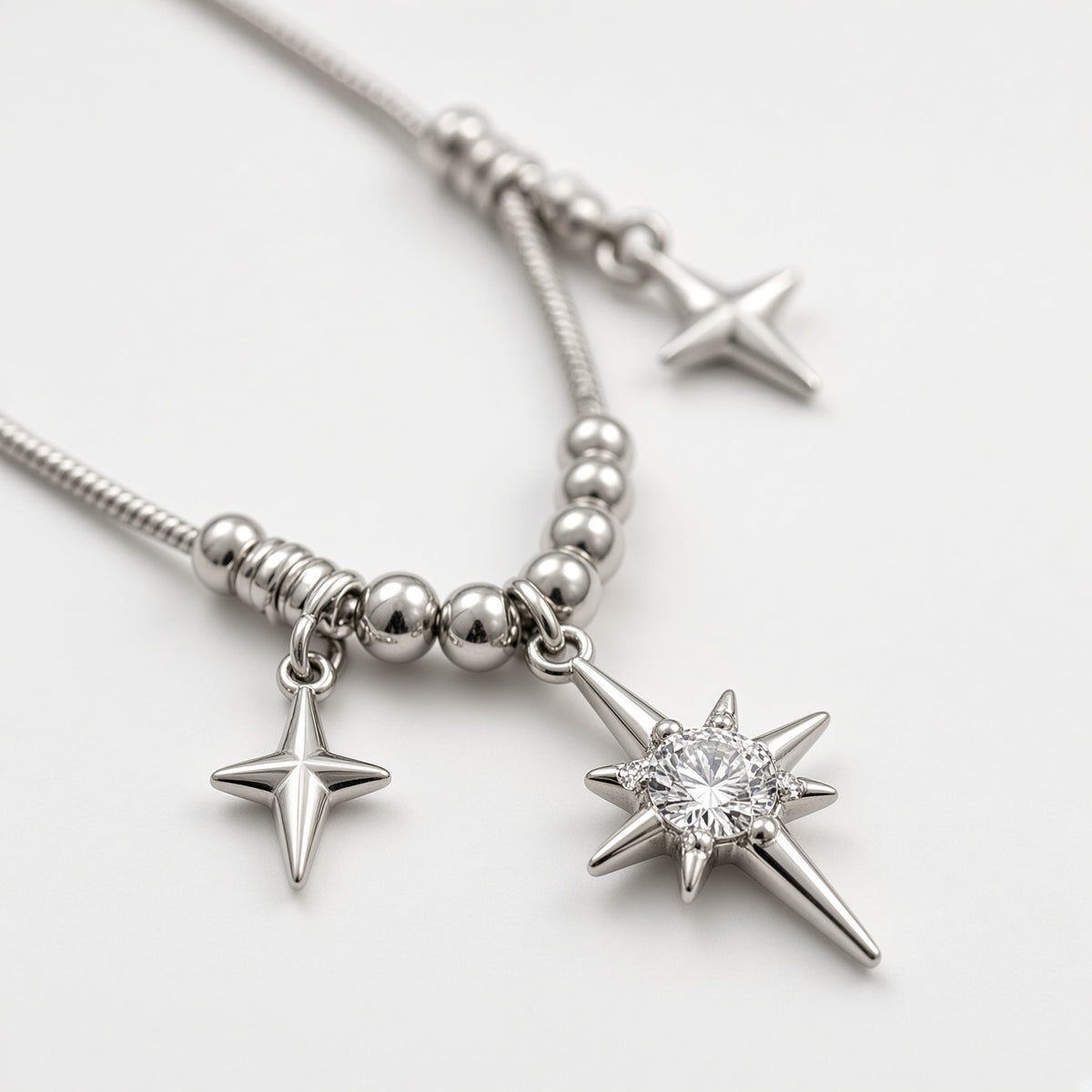 North Star Crystal Charm Beaded Snake Chain Necklace