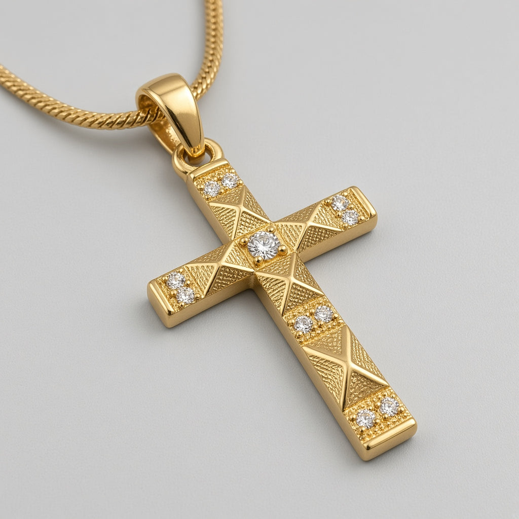 Gold Faceted Pyramid Crystal Cross Snake Chain Necklace