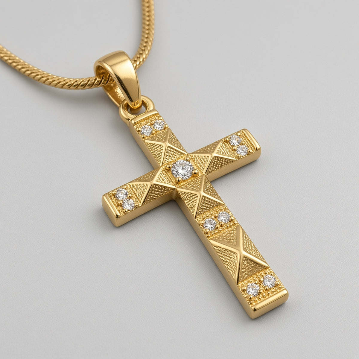 Gold Faceted Pyramid Crystal Cross Snake Chain Necklace