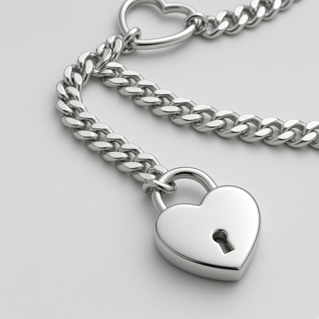 Silver Heart Padlock Ring Lariat Curb Chain Necklace