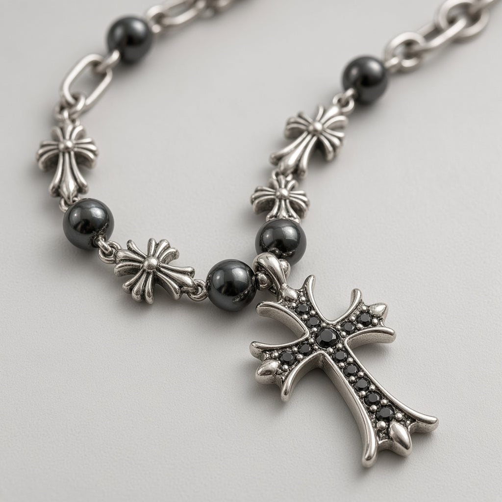 Black Crystal Cross & Hematite Bead Necklace