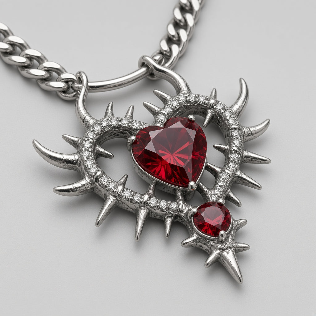 Ruby Thorn Heart Cuban Chain Necklace