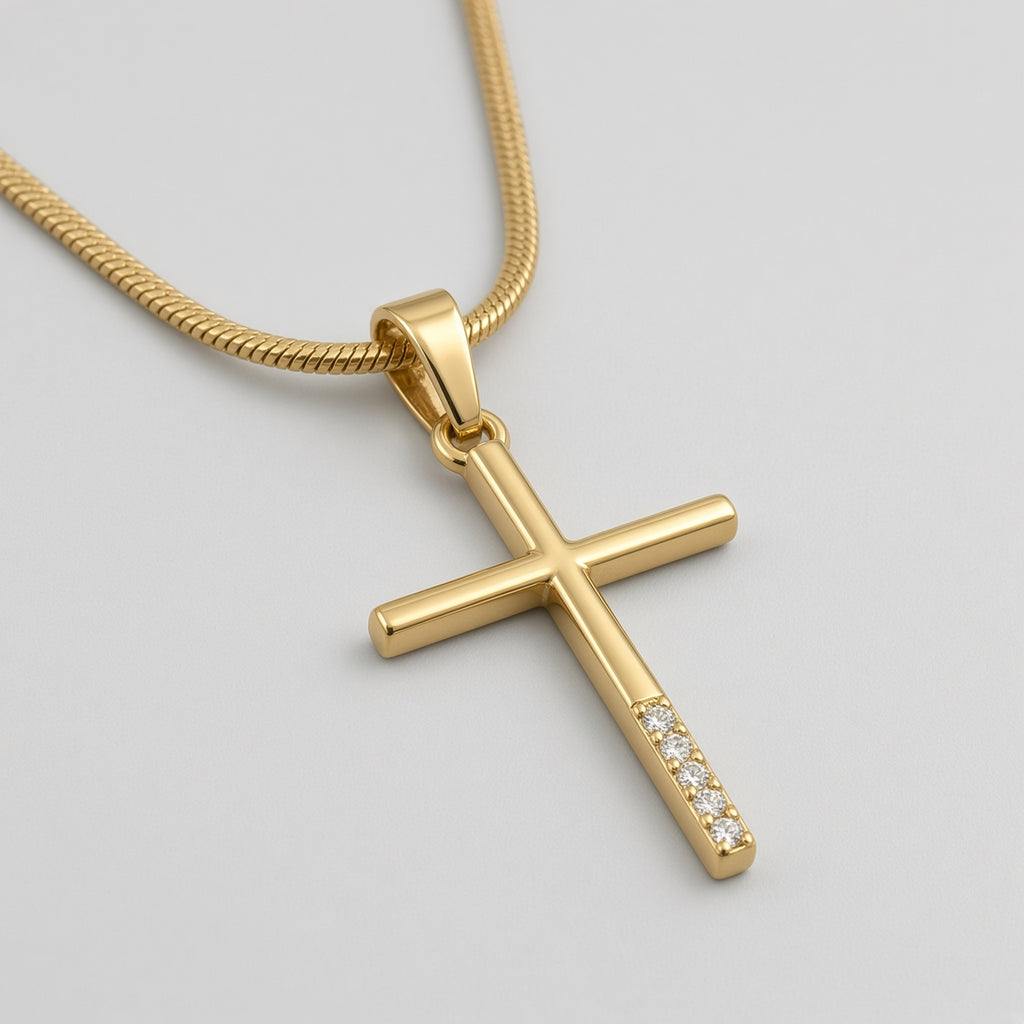 Gold Slim Crystal Drop Cross Snake Chain Necklace