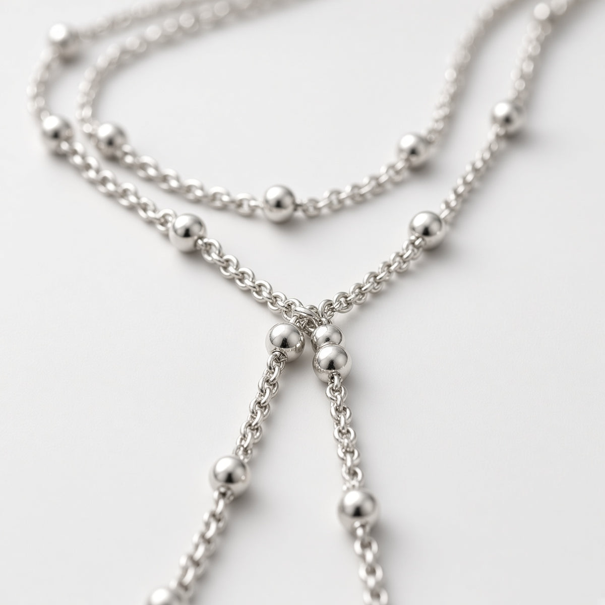 Silver Double Layer Beaded Lariat Drop Necklace