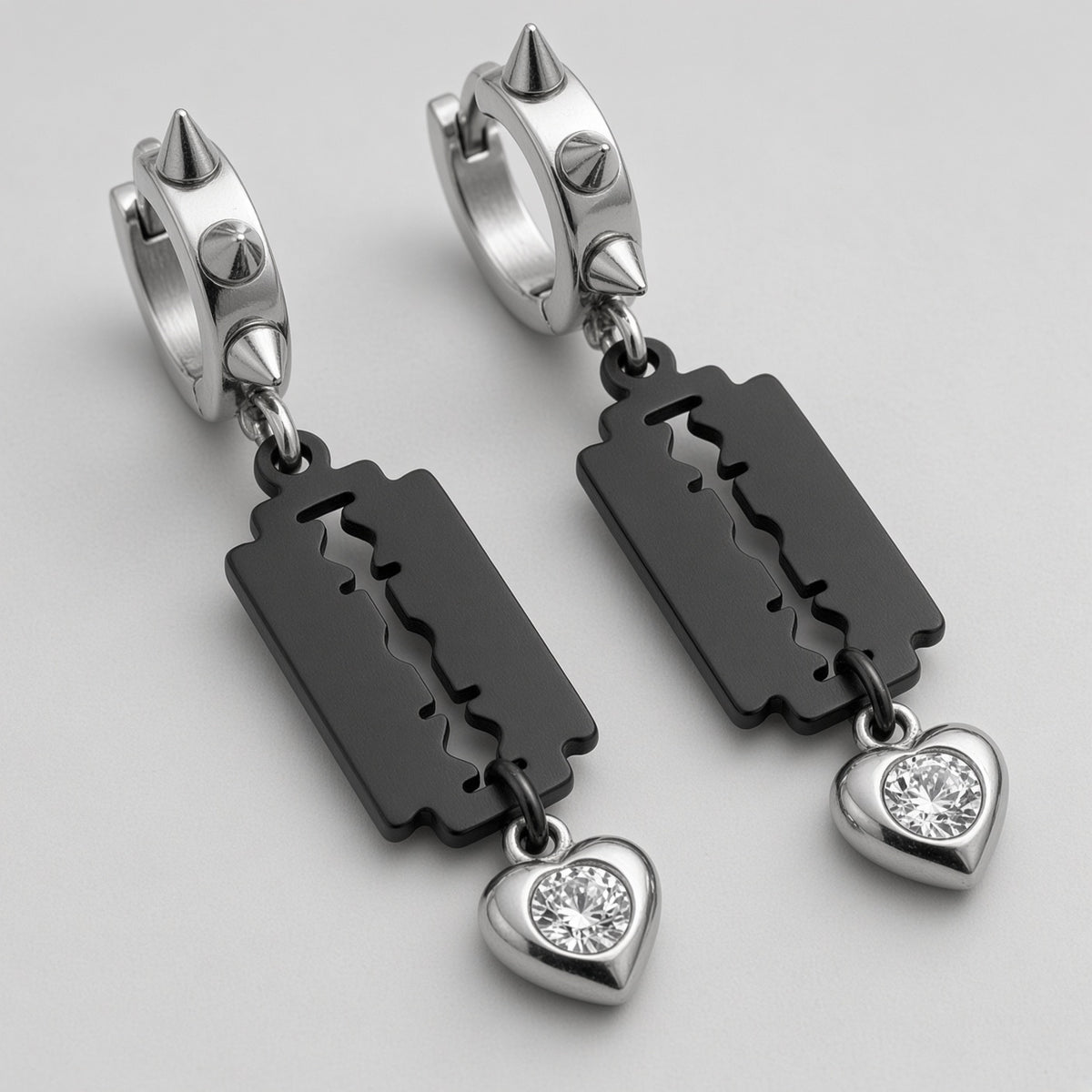 Black Razor Blade Crystal Heart Spiked Huggie Earrings