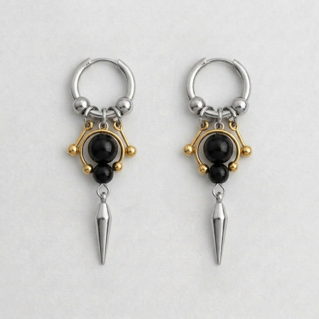 Onyx & Gold Bead Spike Earrings